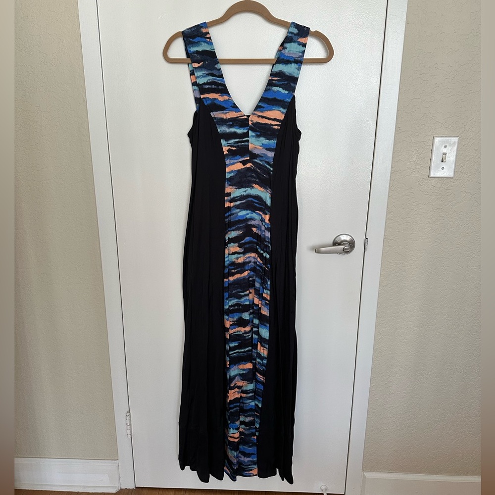 Anthropologie Maeve V-Neck Sleeveless Maxi Dress in Black w/Blue & Peach Print